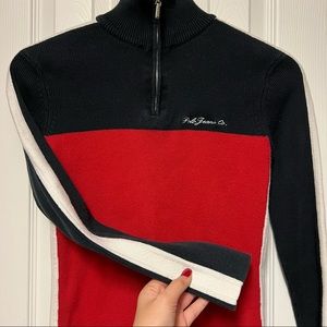 Ralph Lauren - color block navy/red sweater with white stripe sleeves.